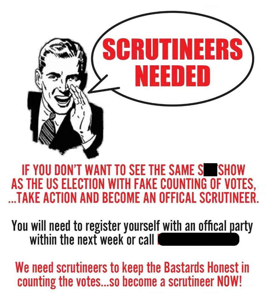 a poster reading scrutineers needed